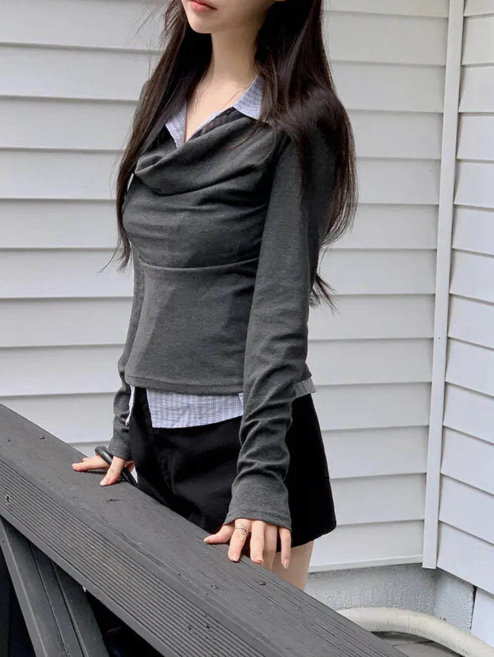 KOREA DRAPE 波浪褶皺襯衫疊穿T-shirt 假兩件