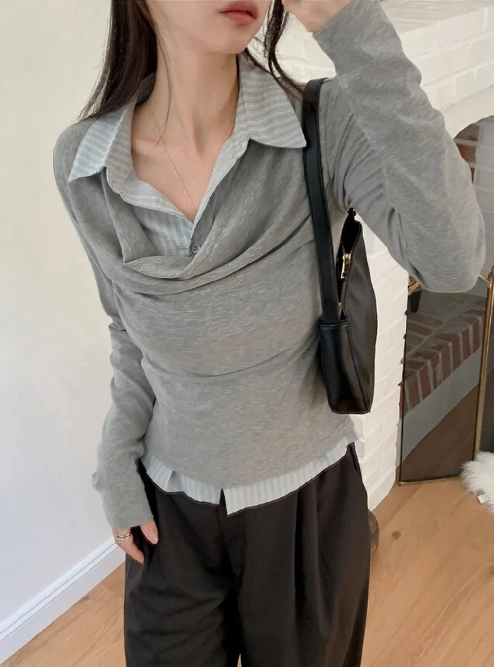 KOREA DRAPE 波浪褶皺襯衫疊穿T-shirt 假兩件