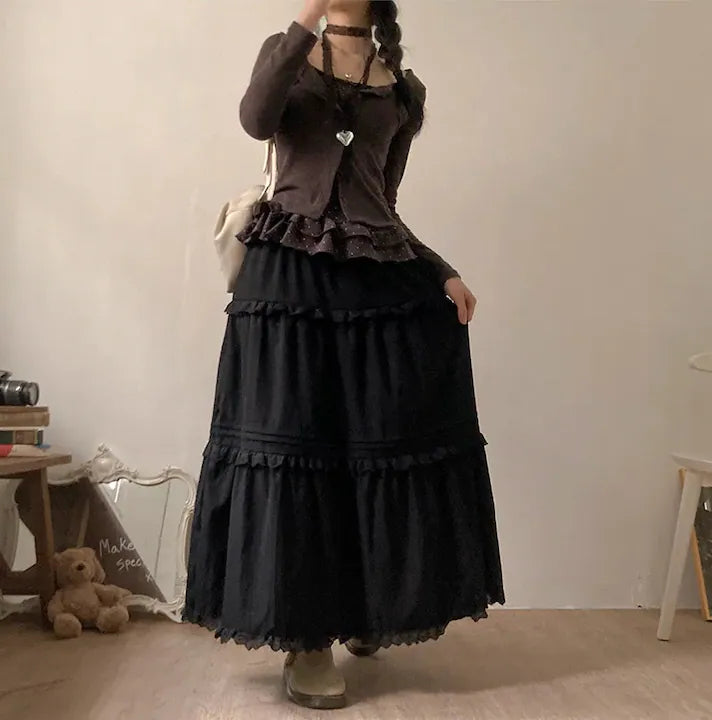 荷葉邊蕾絲鬆緊帶長裙 (2 COLOURS)