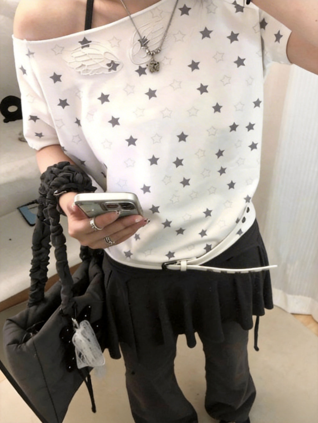 Angel Wings 肩短袖刺繡單肩露肩棉質T-shirt