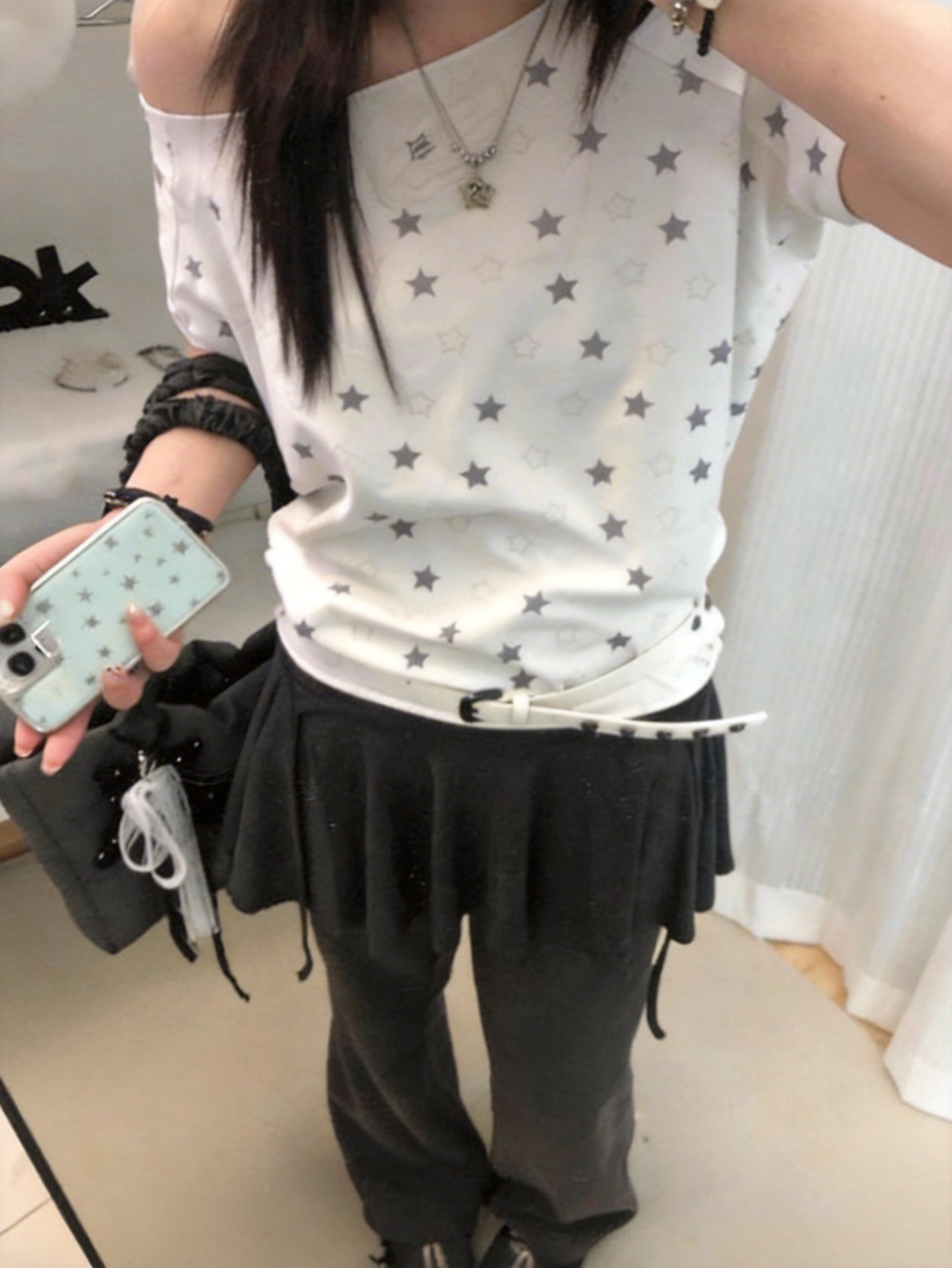 Angel Wings 肩短袖刺繡單肩露肩棉質T-shirt