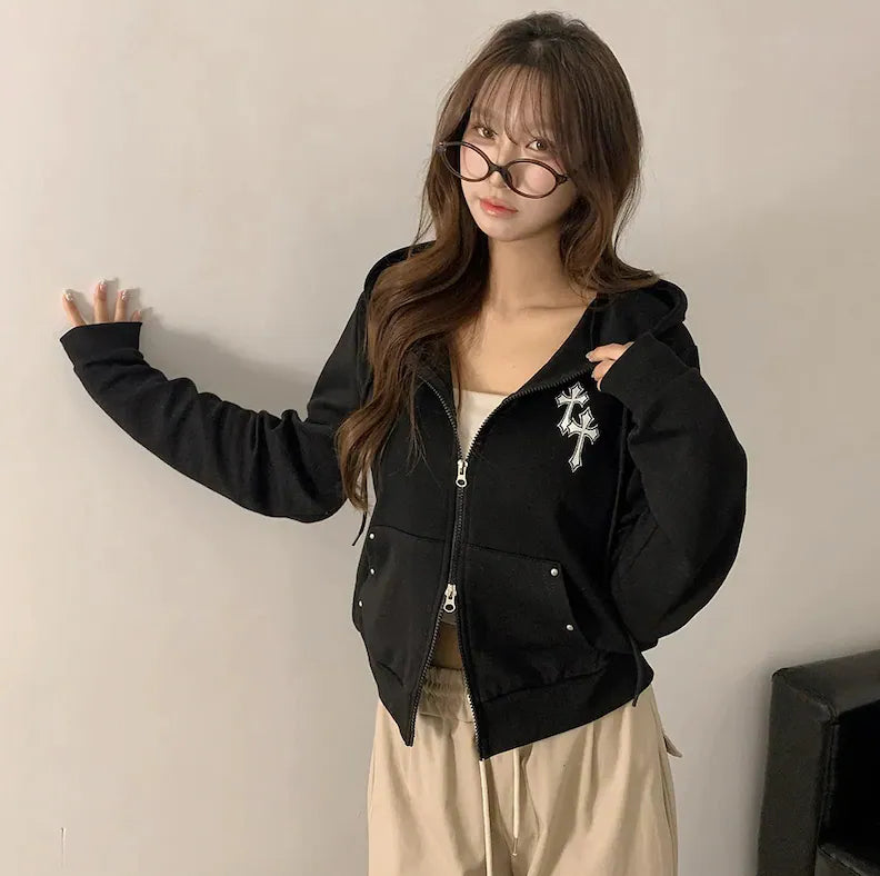 KOREA CROSS PRINTING STUD POCKET HOOD ZIP (4 COLORS)