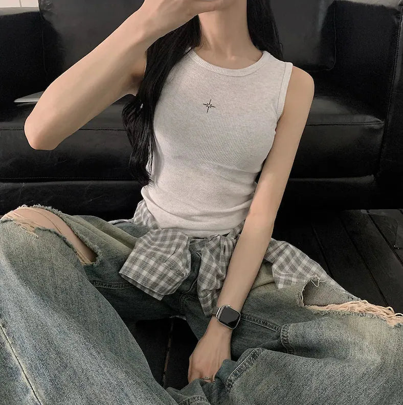 KOREA ANGEL WING PRINTING RIBBED SLEEVELESS (4 COLOURS)