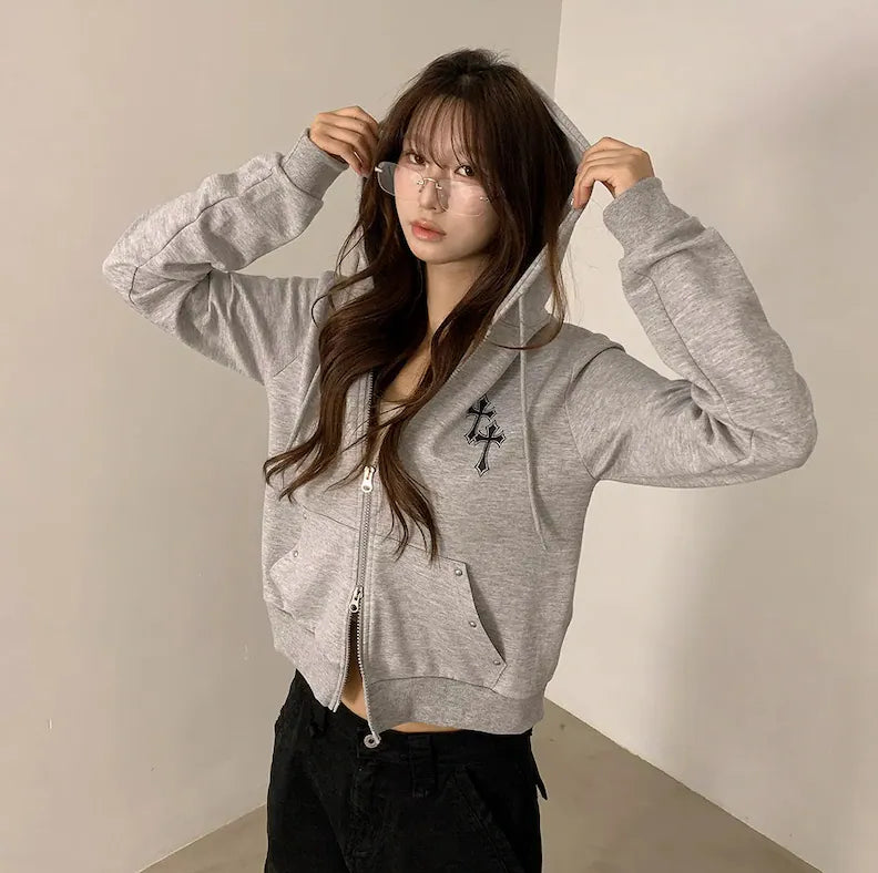 KOREA CROSS PRINTING STUD POCKET HOOD ZIP (4 COLORS)