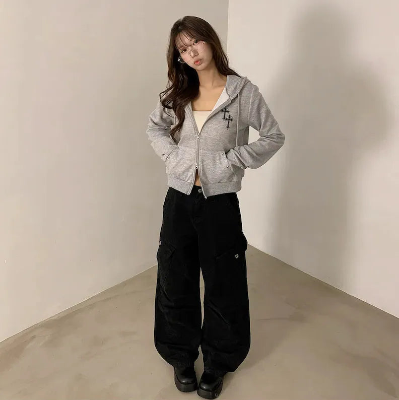 KOREA CROSS PRINTING STUD POCKET HOOD ZIP (4 COLORS)