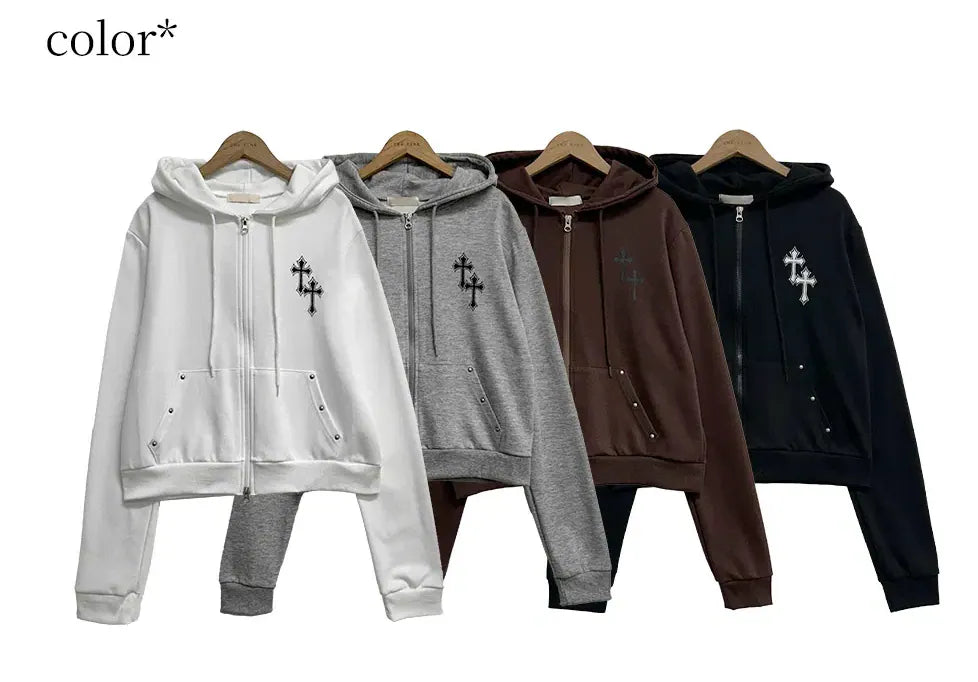 KOREA CROSS PRINTING STUD POCKET HOOD ZIP (4 COLORS)