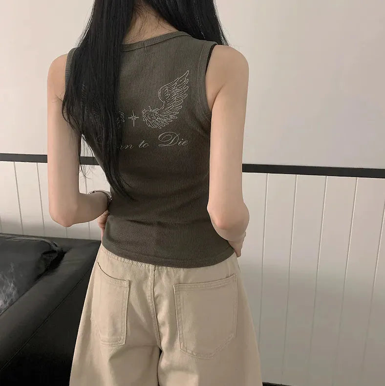 KOREA ANGEL WING PRINTING RIBBED SLEEVELESS (4 COLOURS)