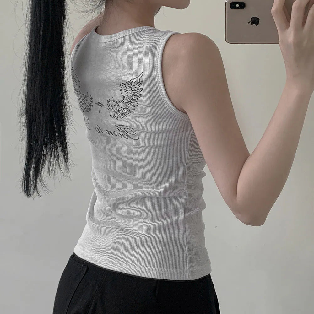 KOREA ANGEL WING PRINTING RIBBED SLEEVELESS (4 COLOURS)