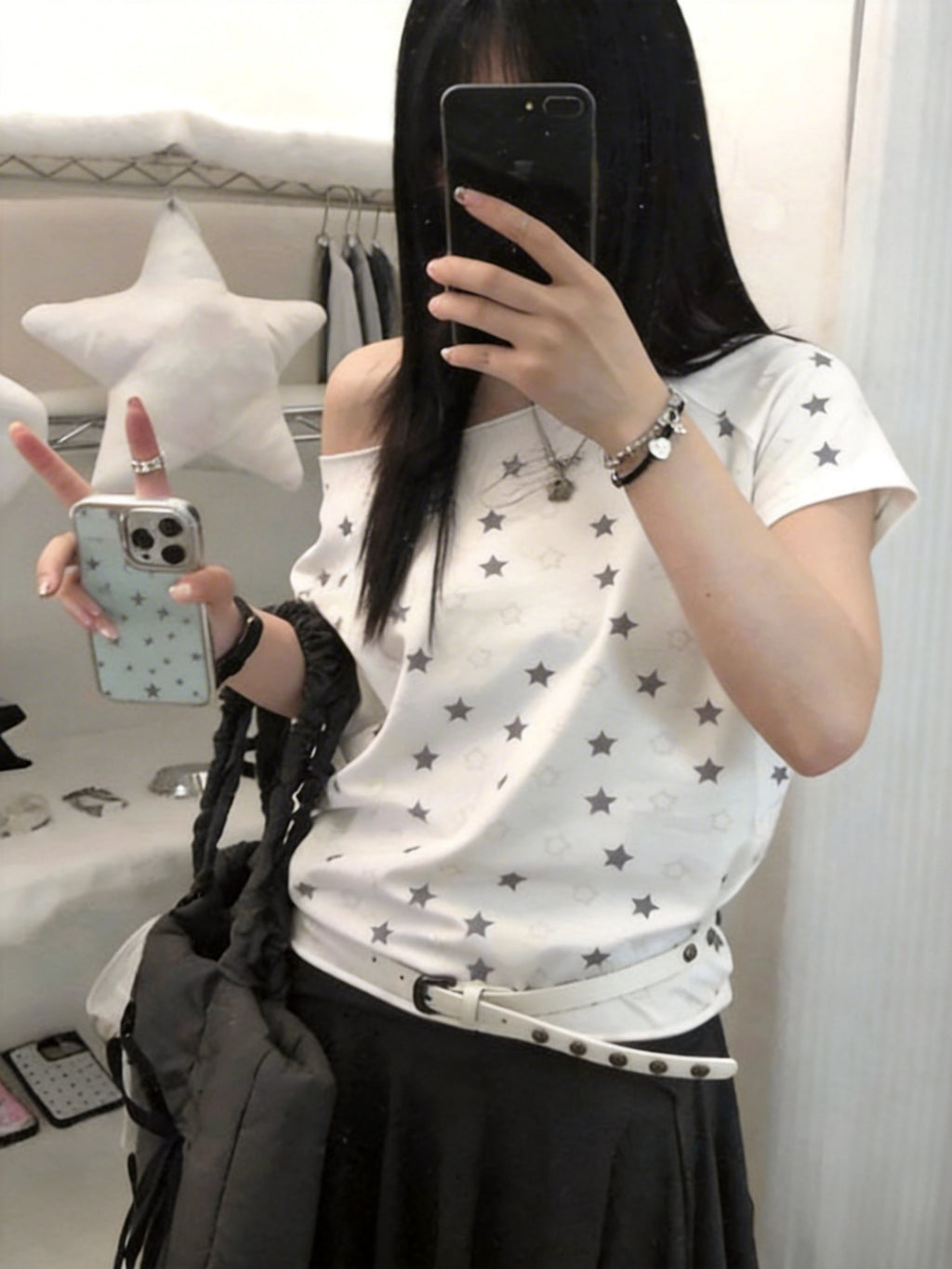 Angel Wings 肩短袖刺繡單肩露肩棉質T-shirt