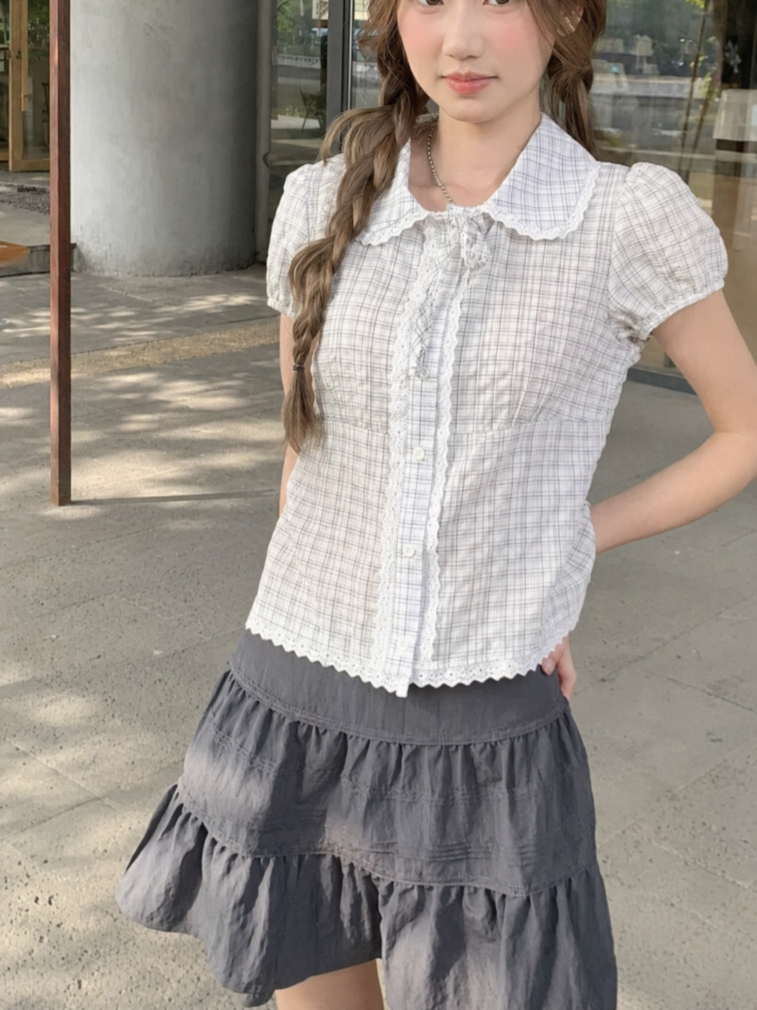 修身格紋蕾絲襯衫 (2 COLOURS)