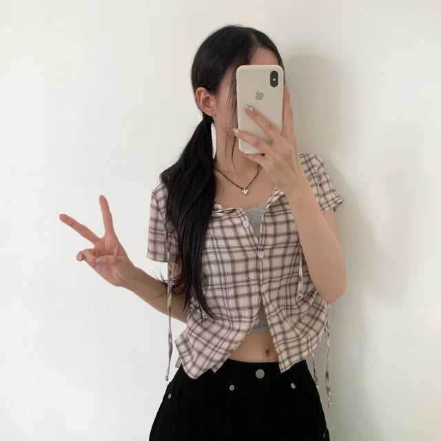 書呆子皺摺感格紋連帽短袖襯衫 (3 COLOURS)