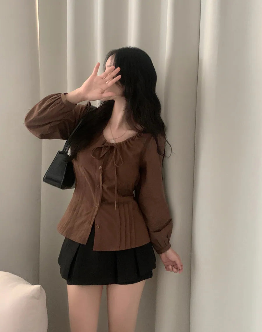 KR 後綁帶泡泡長袖襯衫 (3 COLORS)