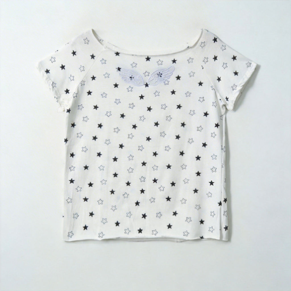 Angel Wings 肩短袖刺繡單肩露肩棉質T-shirt