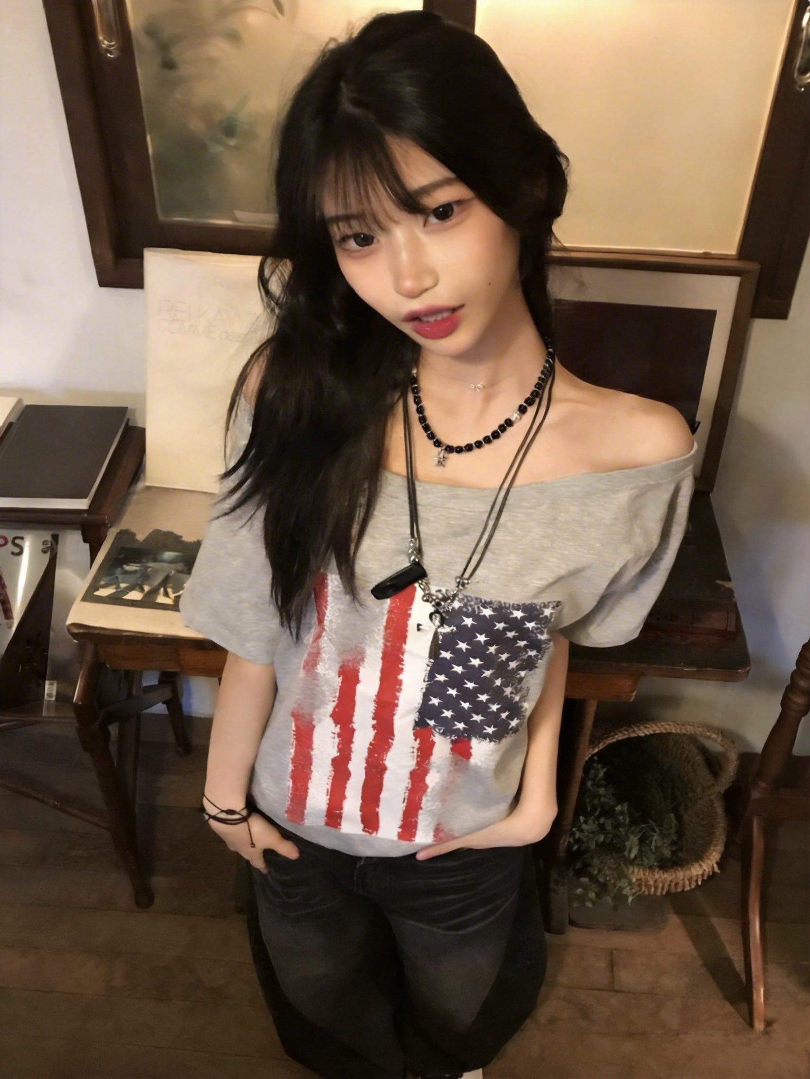 寬鬆版露肩美國國旗短袖T-shirt (2 COLOURS)