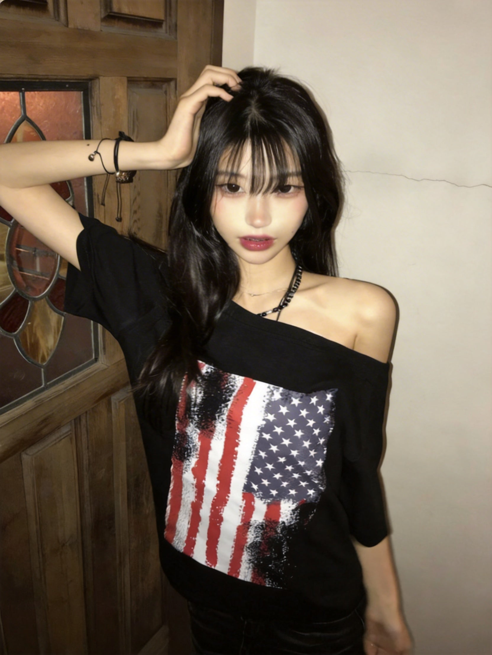 寬鬆版露肩美國國旗短袖T-shirt (2 COLOURS)