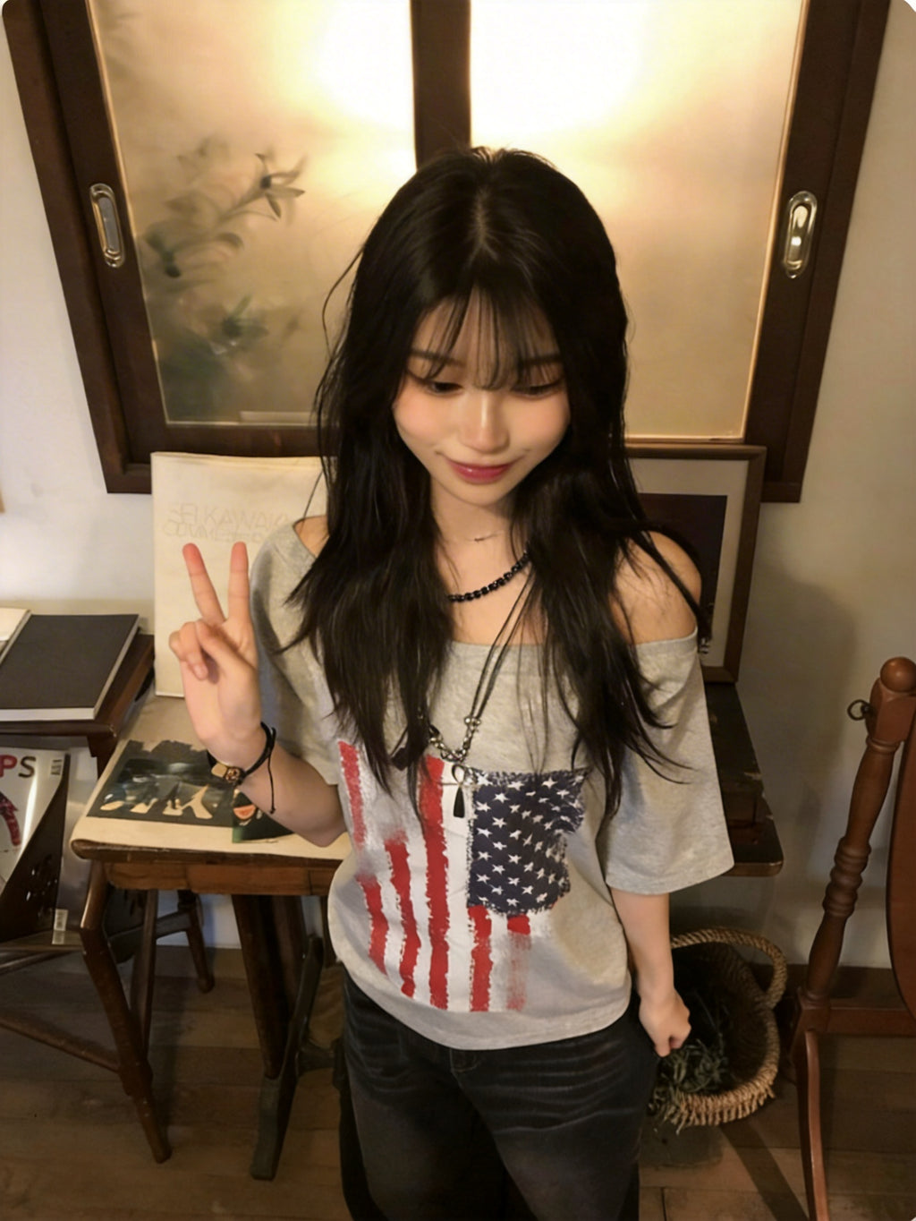 寬鬆版露肩美國國旗短袖T-shirt (2 COLOURS)