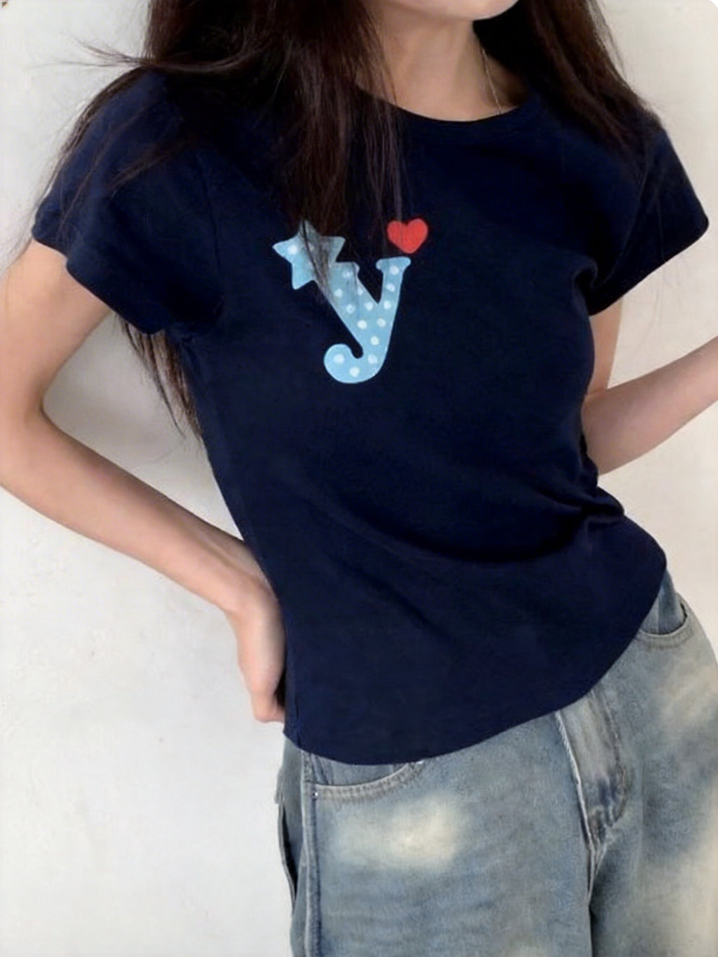 Y心形羅紋短袖T-shirt (3 COLOURS)