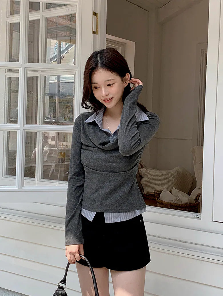KOREA DRAPE 波浪褶皺襯衫疊穿T-shirt 假兩件