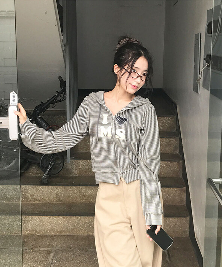 雙向條紋愛心連帽hoodies拉鍊衫