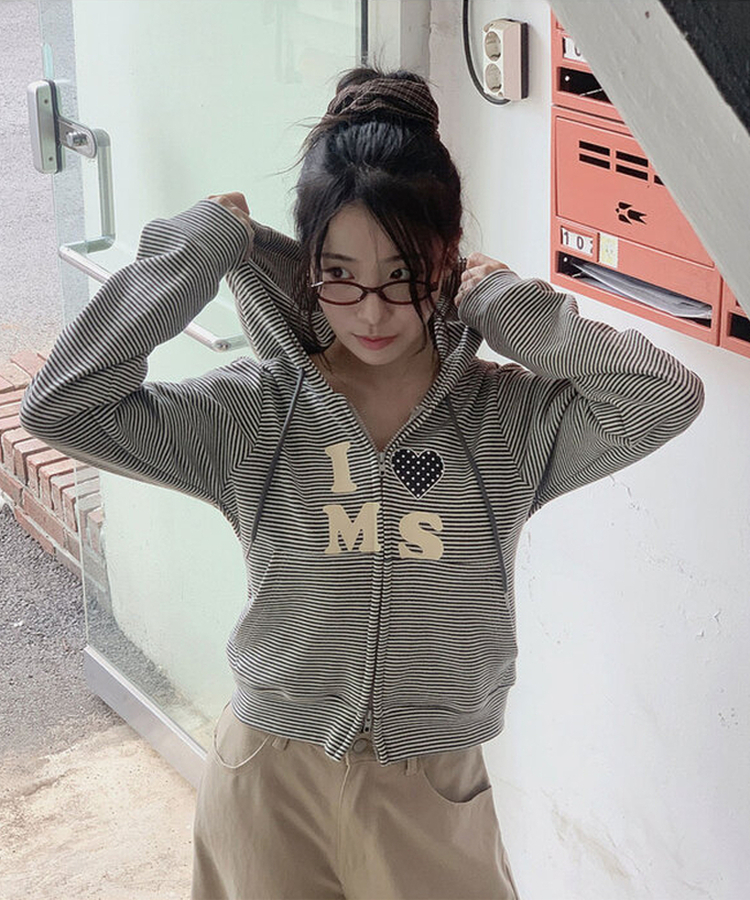 雙向條紋愛心連帽hoodies拉鍊衫