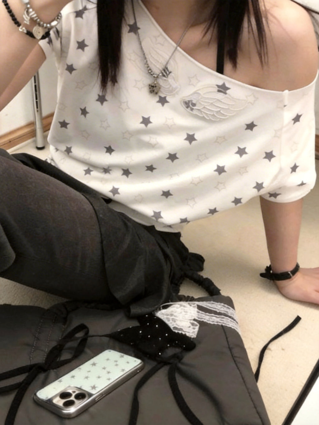 Angel Wings 肩短袖刺繡單肩露肩棉質T-shirt