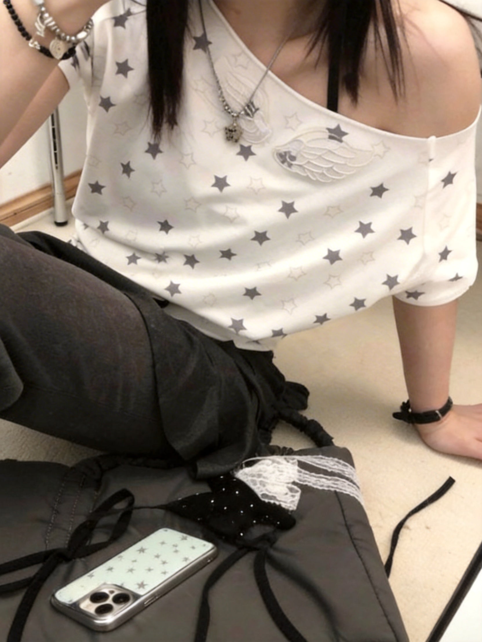 Angel Wings 肩短袖刺繡單肩露肩棉質T-shirt
