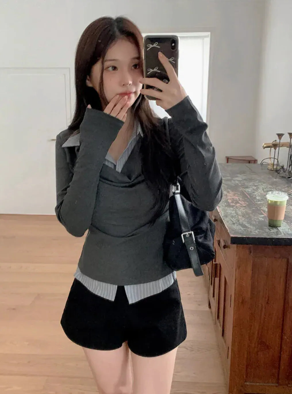 KOREA DRAPE 波浪褶皺襯衫疊穿T-shirt 假兩件